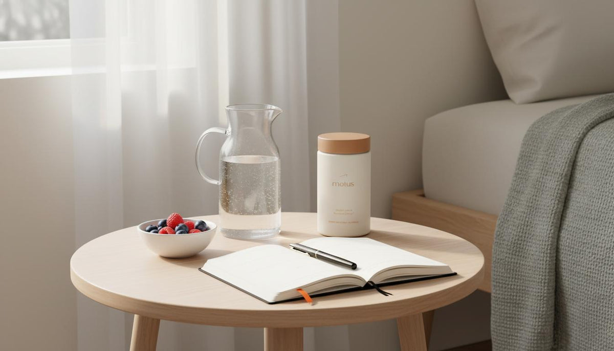 Minimalist morning scene with Tonum Motus supplement jar on a wooden table beside bowl of berries and water carafe, promoting lose stomach fat female mindful wellness.