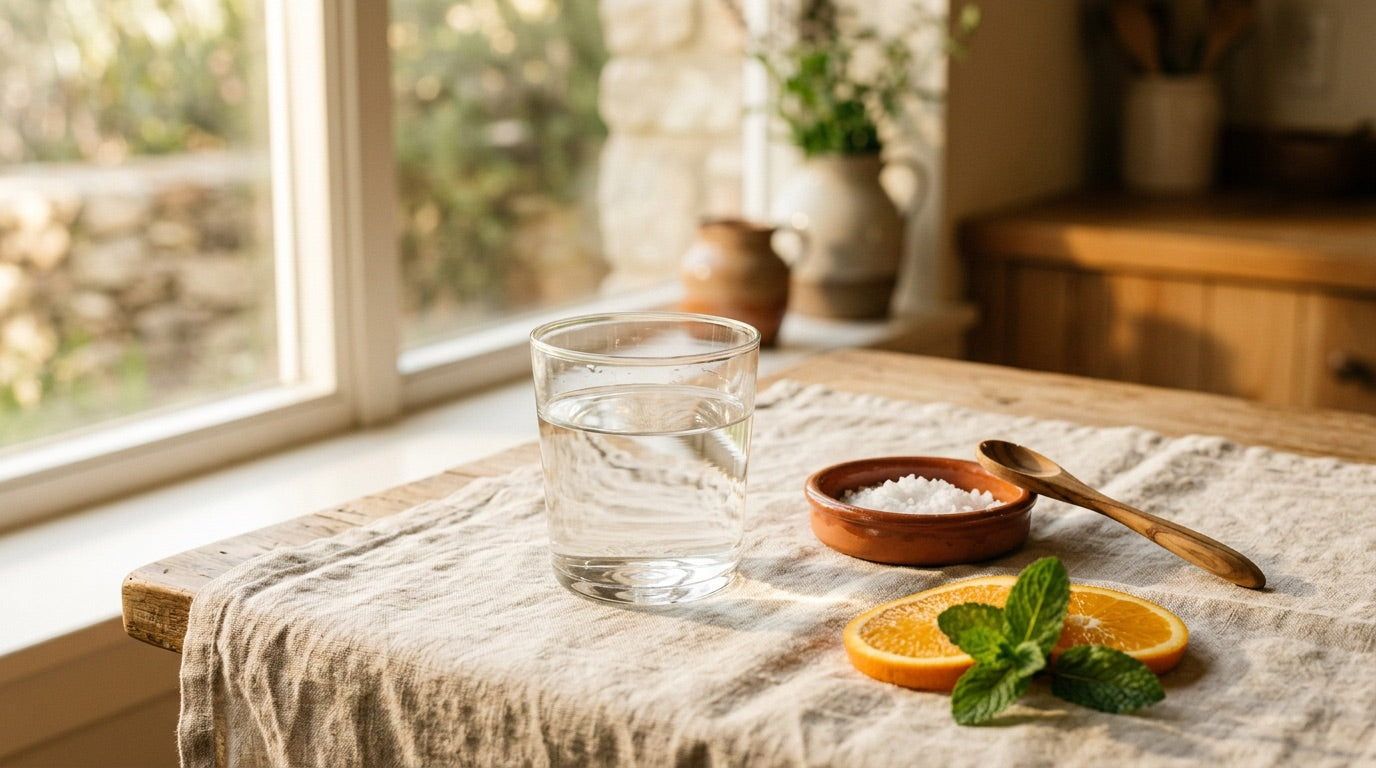 A glass of water beside a dish of coarse sea salt, orange slices and mint on a linen cloth
