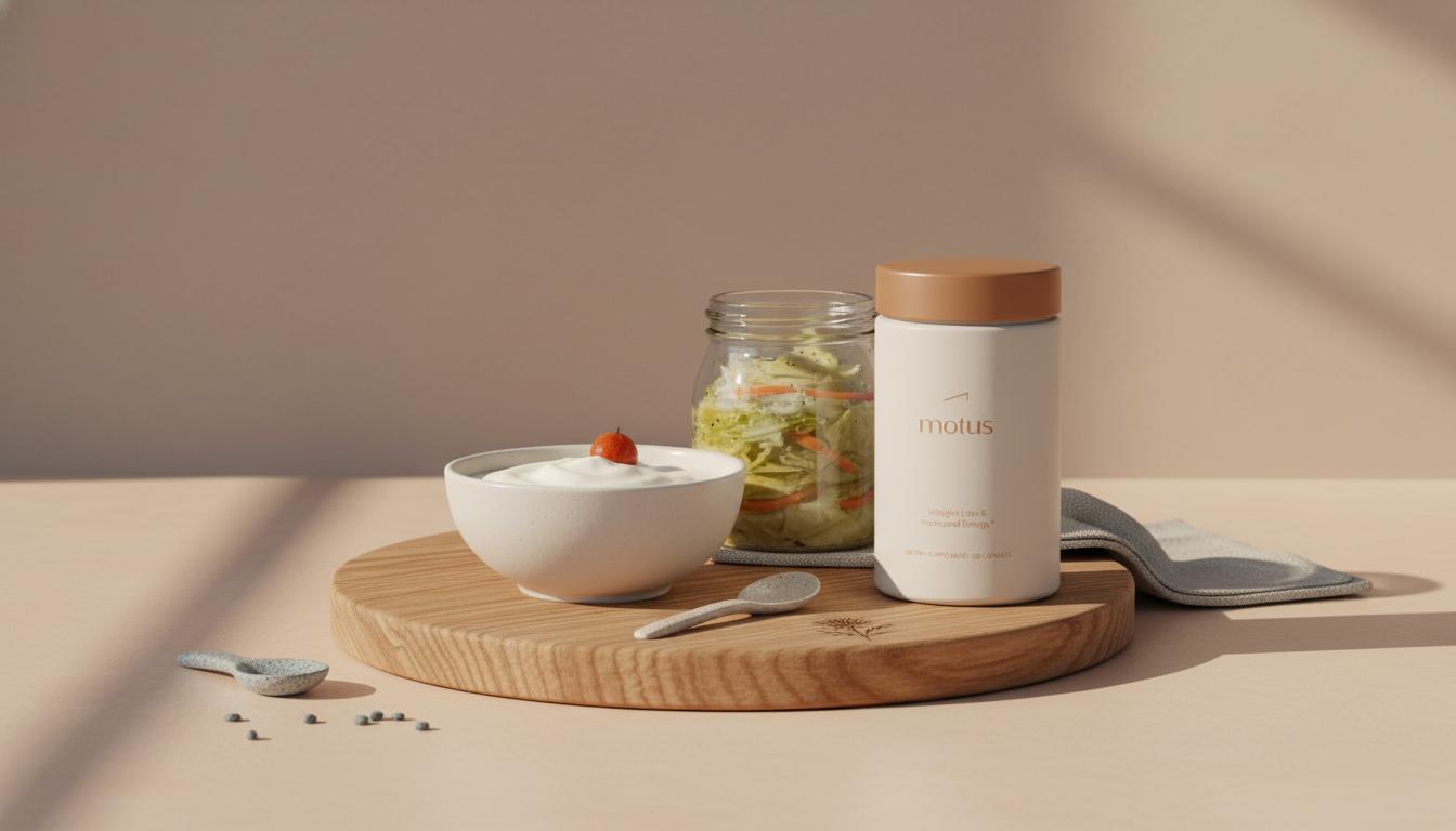 Minimalist kitchen still life with yogurt, jarred fermented vegetables and a Tonum supplement container on a wooden board under soft morning light — Mayo Clinic probiotics