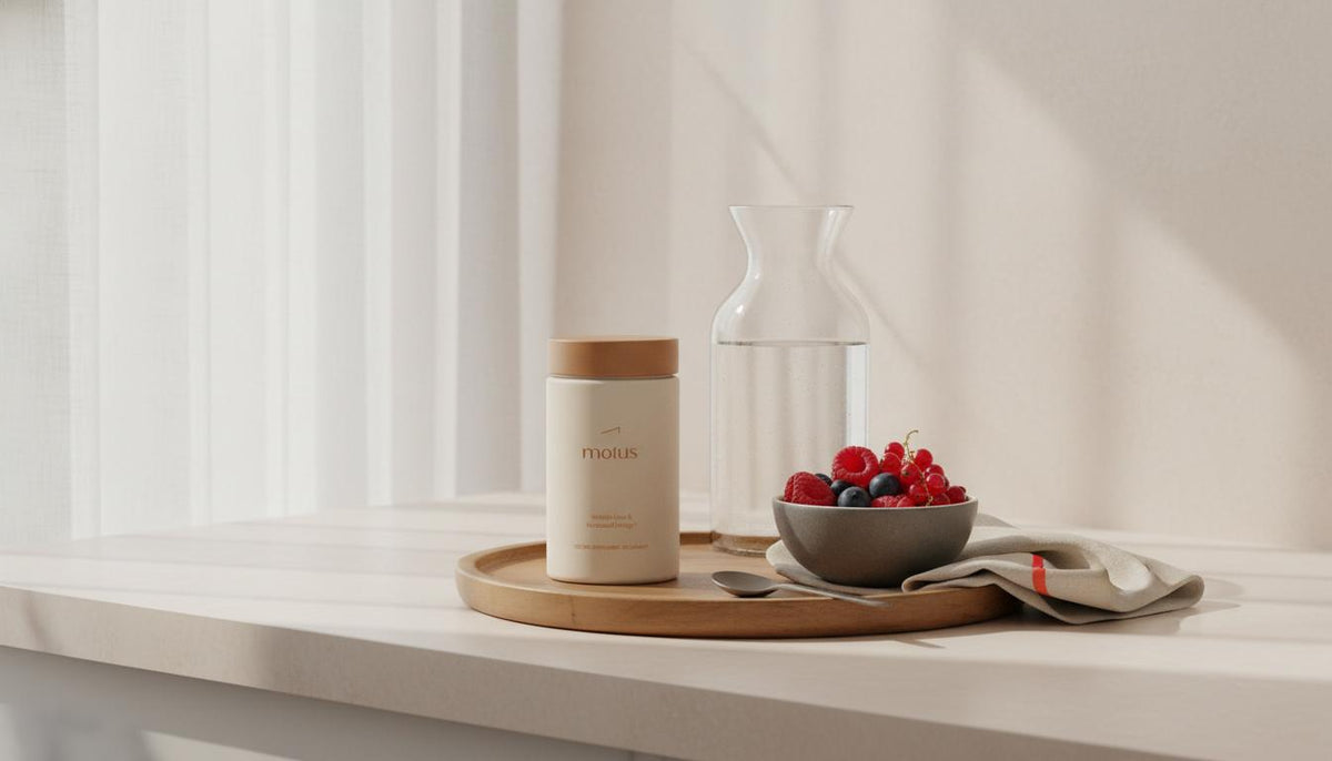 Motus supplement jar on wooden tray with berries and water in a minimalist kitchen scene, evoking FDA approved weight loss pills in Tonum brand colors.