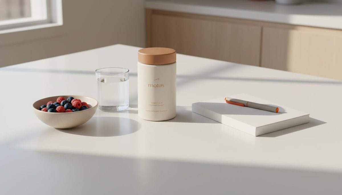 Minimalist sunlit kitchen counter with Tonum product next to a bowl of berries, glass of water, notebook and pen, evoking a daily brain supplements routine
