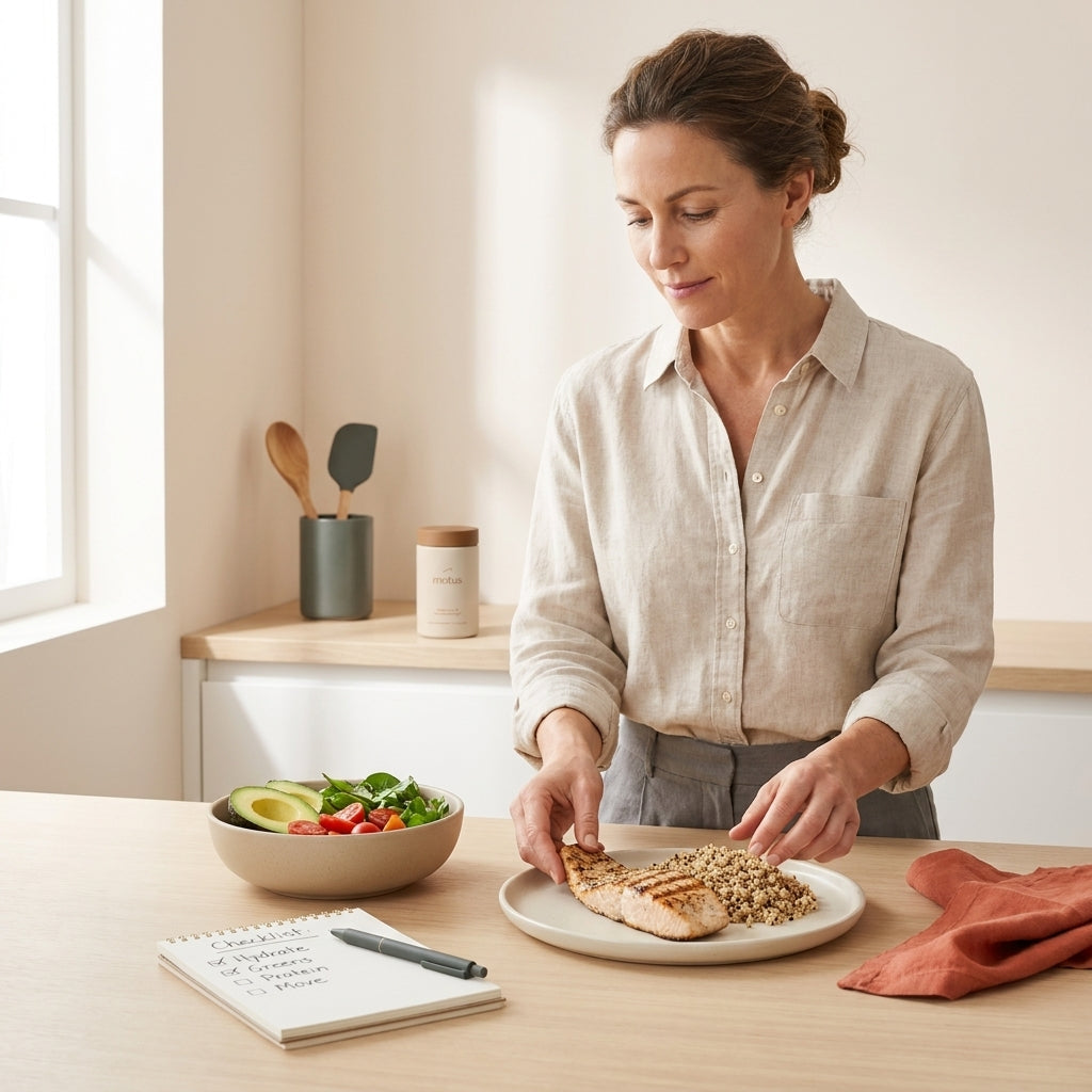 Minimalist photo of a woman in her 40s preparing a balanced meal at a bright kitchen counter with vegetables, protein, whole grain, notebook and a Tonum supplement container in background — female metabolism after 40