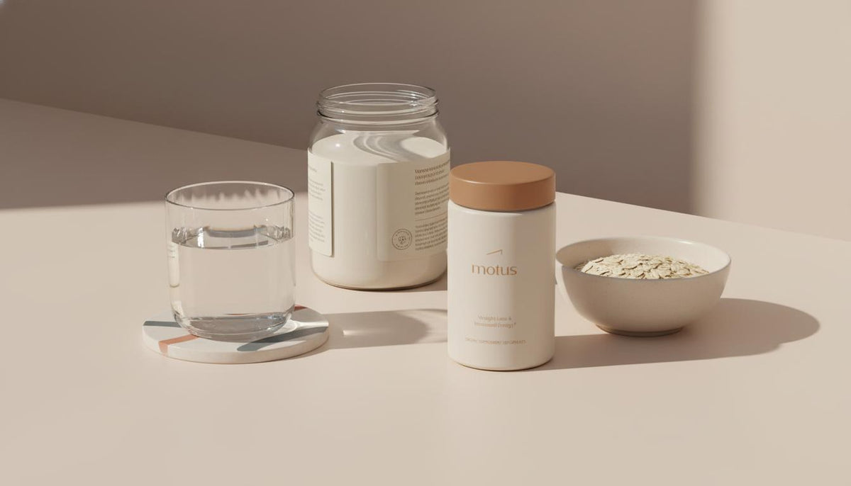 Minimalist still-life of Tonum supplement jar, half-full glass of water, open powdered fiber jar and bowl of oats on a #F2E5D5 tabletop, illustrating fiber and appetite.