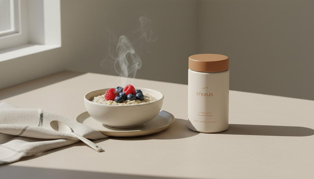 Minimalist still-life of steaming oatmeal with berries and a Tonum Motus supplement jar beside it on a neutral tabletop, highlighting a fiber-rich breakfast.