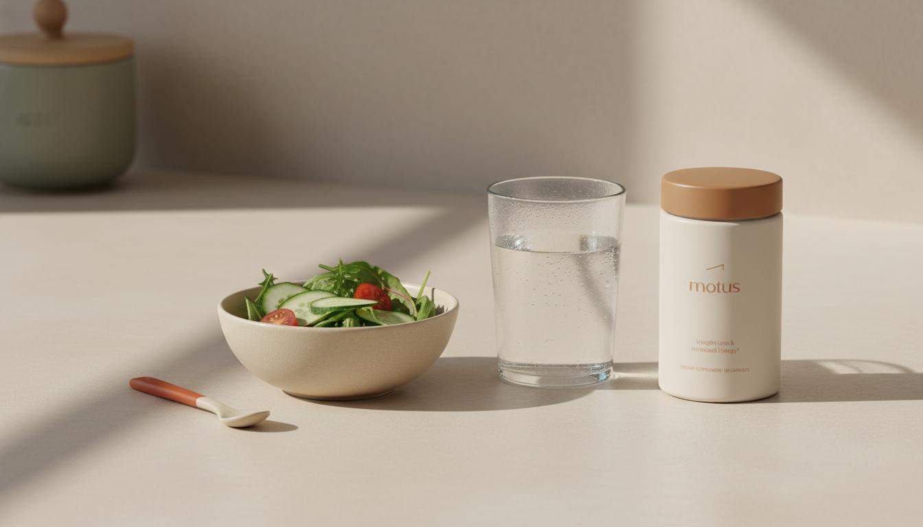 Minimalist kitchen counter with a bowl of fresh vegetables, a glass of water and a discreet Tonum Motus jar, evoking early prevention and first signs of fatty liver.