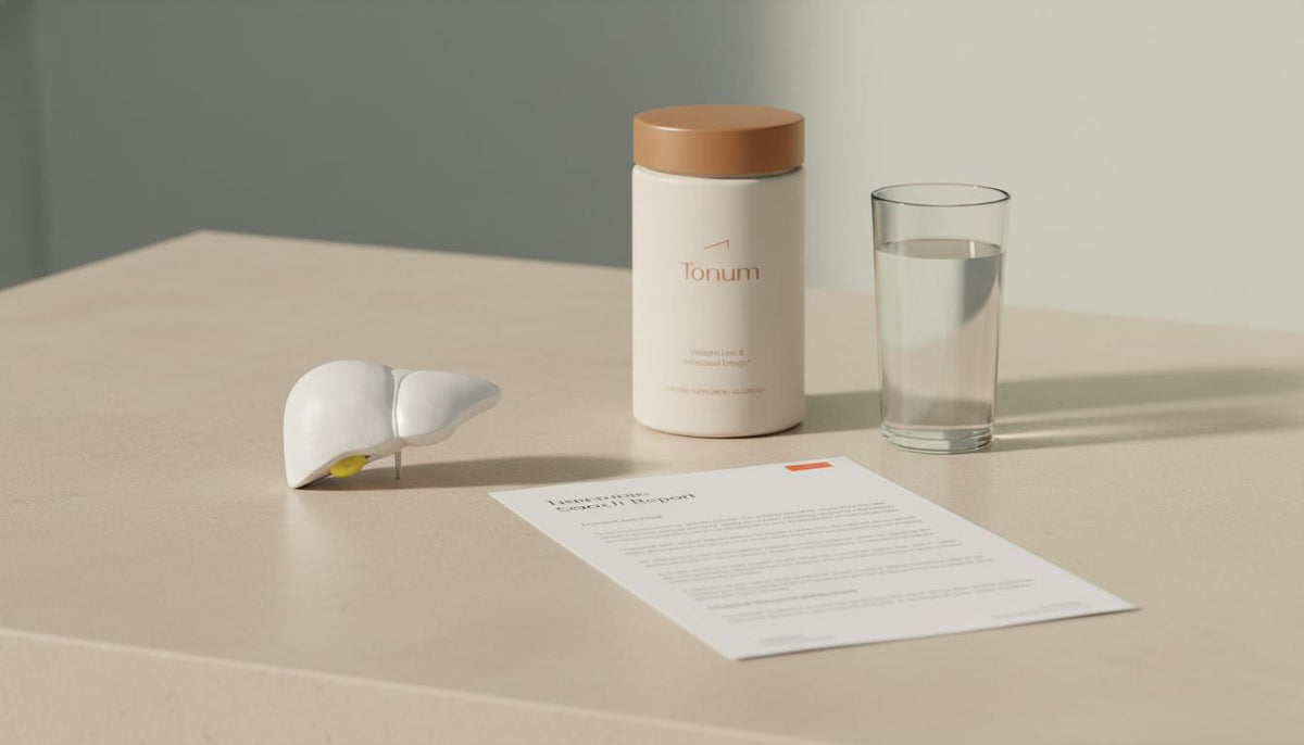 Minimalist clinical photo of anatomical liver model beside research notes, glass of water and Tonum supplement; first signs your liver is struggling