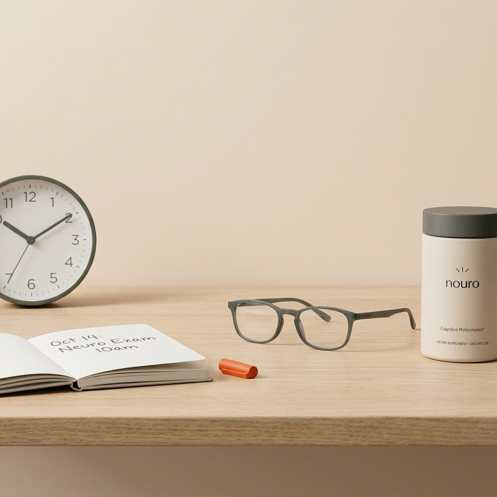 Minimalist wooden desk with Tonum Nouro container, analog clock, open notebook and reading glasses evoking memory and routine — first symptom of Alzheimer's