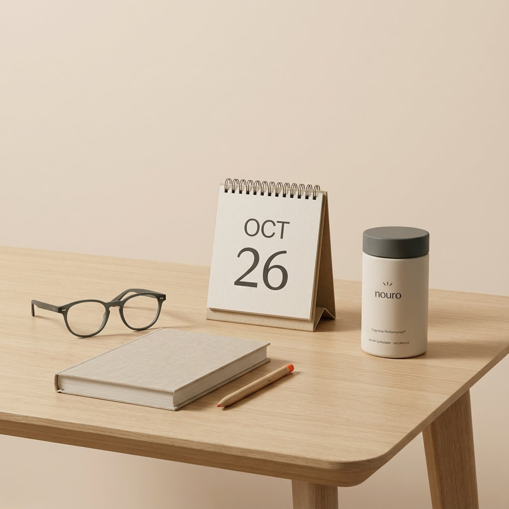 Minimalist still-life of a wooden table with journal, reading glasses, analog calendar and Tonum Nouro container illustrating the first symptom of Alzheimer's: early memory lapses.