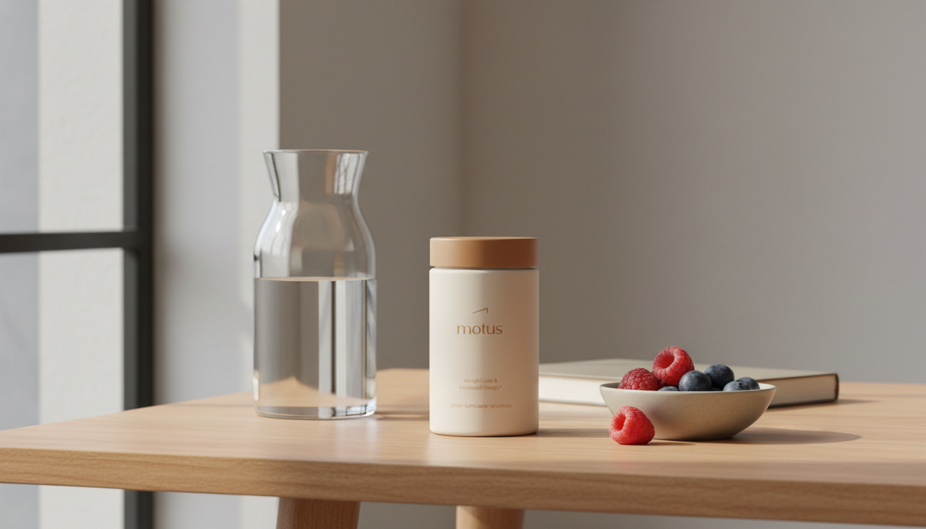 Minimal morning scene with Tonum Motus jar, glass carafe, bowl of berries and closed journal on a wooden table by a window, evoking five pillars of wellness.