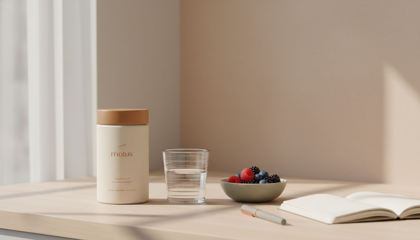 Minimal morning kitchen scene with Tonum Motus supplement from reference photo beside water, bowl of berries and notebook, suggesting measured routines to flatten a menopause belly.