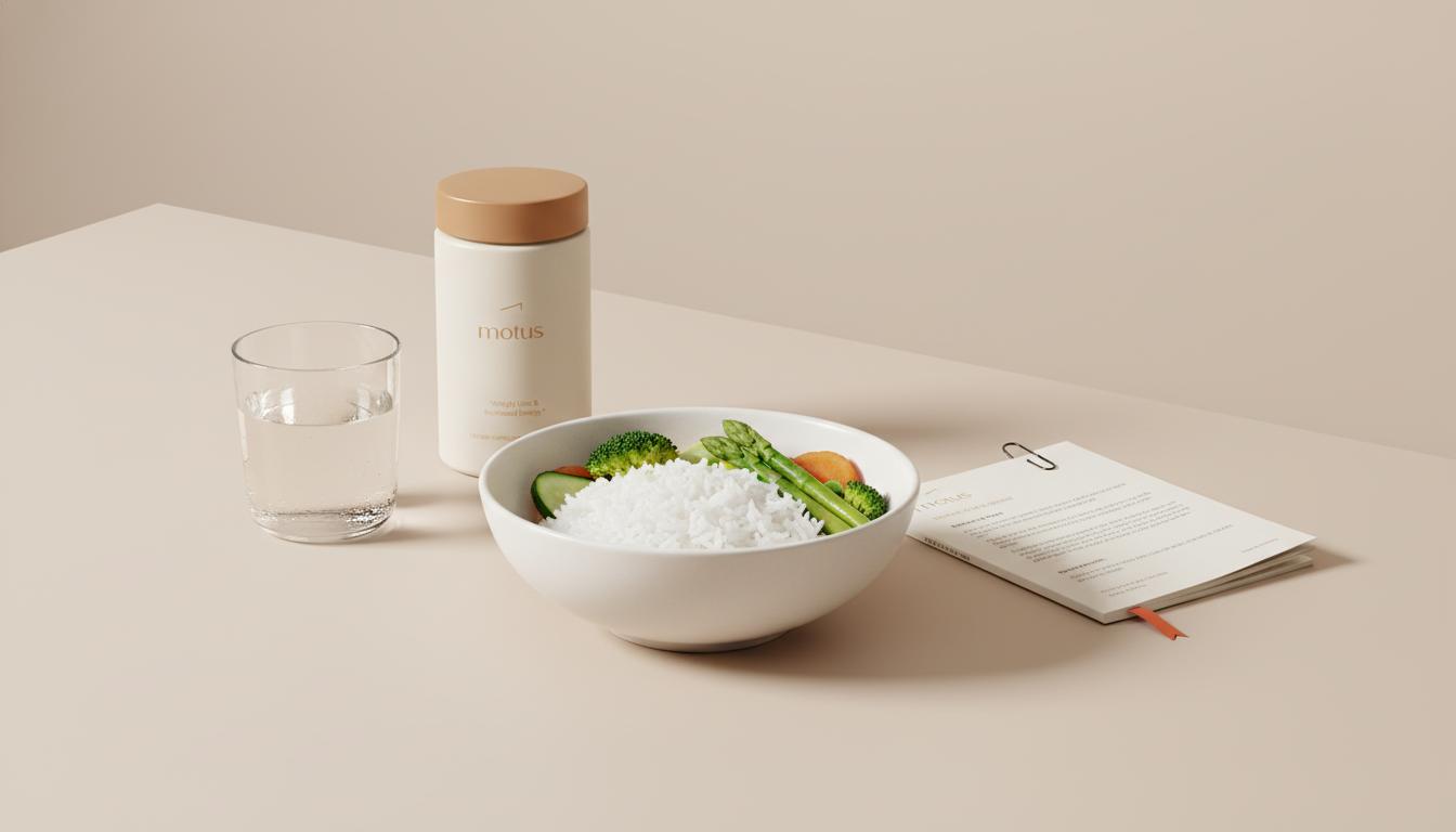 Minimalist still life of a glass of water, bowl of rice and steamed greens, folded Tonum research booklet and Tonum product on a beige table suggesting how to flush gluten out of your system.