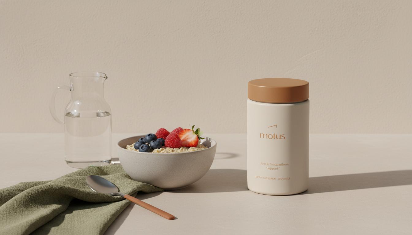 Minimalist still-life of oats, berries, and a water carafe with the Tonum Motus container subtly placed to flush your body of toxins on a soft beige counter