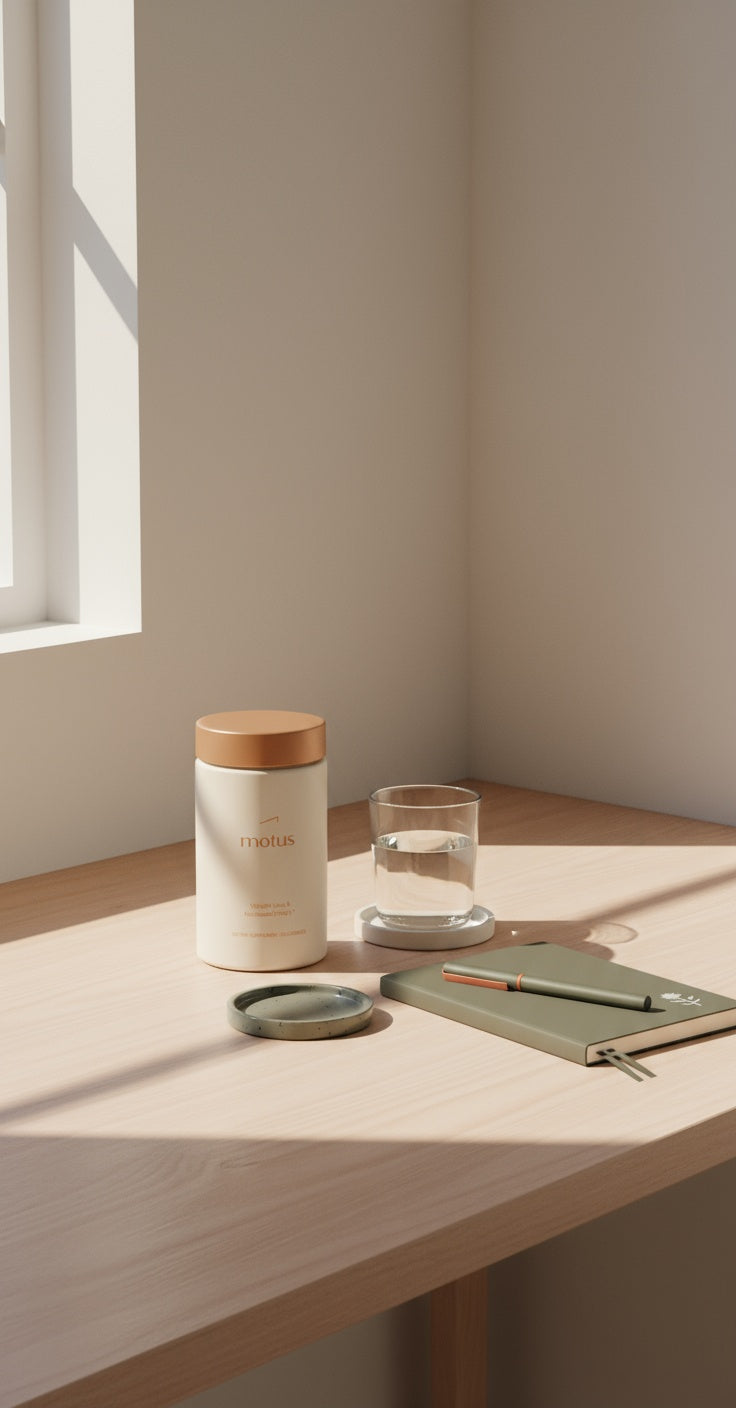 Tidy morning desk with Tonum supplement jar, glass of water and notebook — calm lifestyle scene illustrating focus supplements and daily wellness.