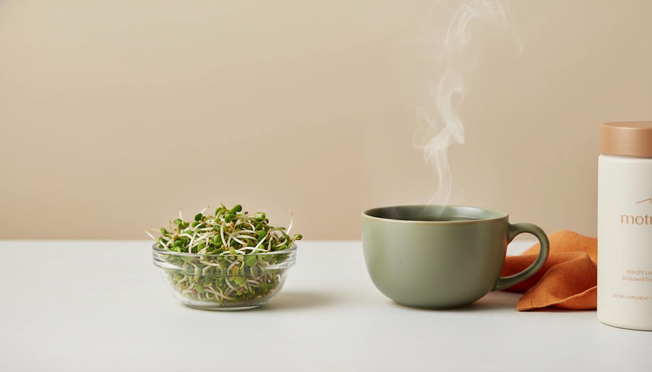Minimalist tabletop still-life with broccoli sprouts, brewed green tea and Tonum Motus container, illustrating foods that activate AMPK and research-backed nutrition.