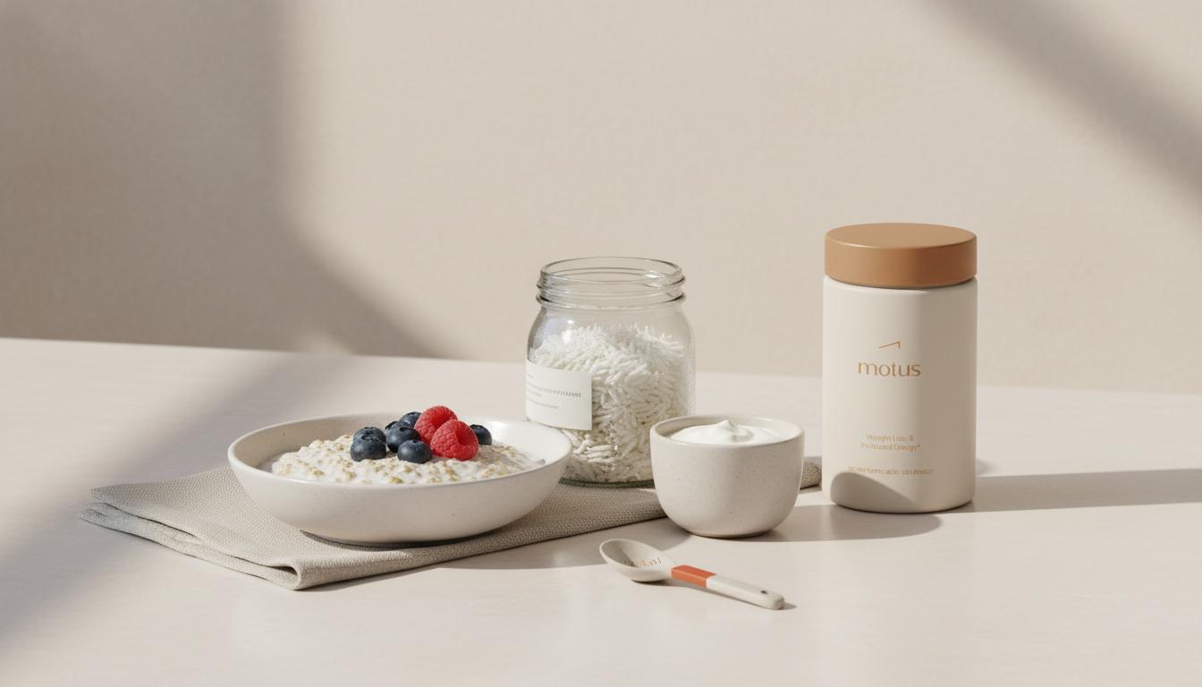 Minimalist kitchen still-life of oats, chilled cooked-and-cooled rice jar, plain Greek yogurt pot and Tonum Motus container on a soft #F2E5D5 counter illustrating foods that boost GLP-1