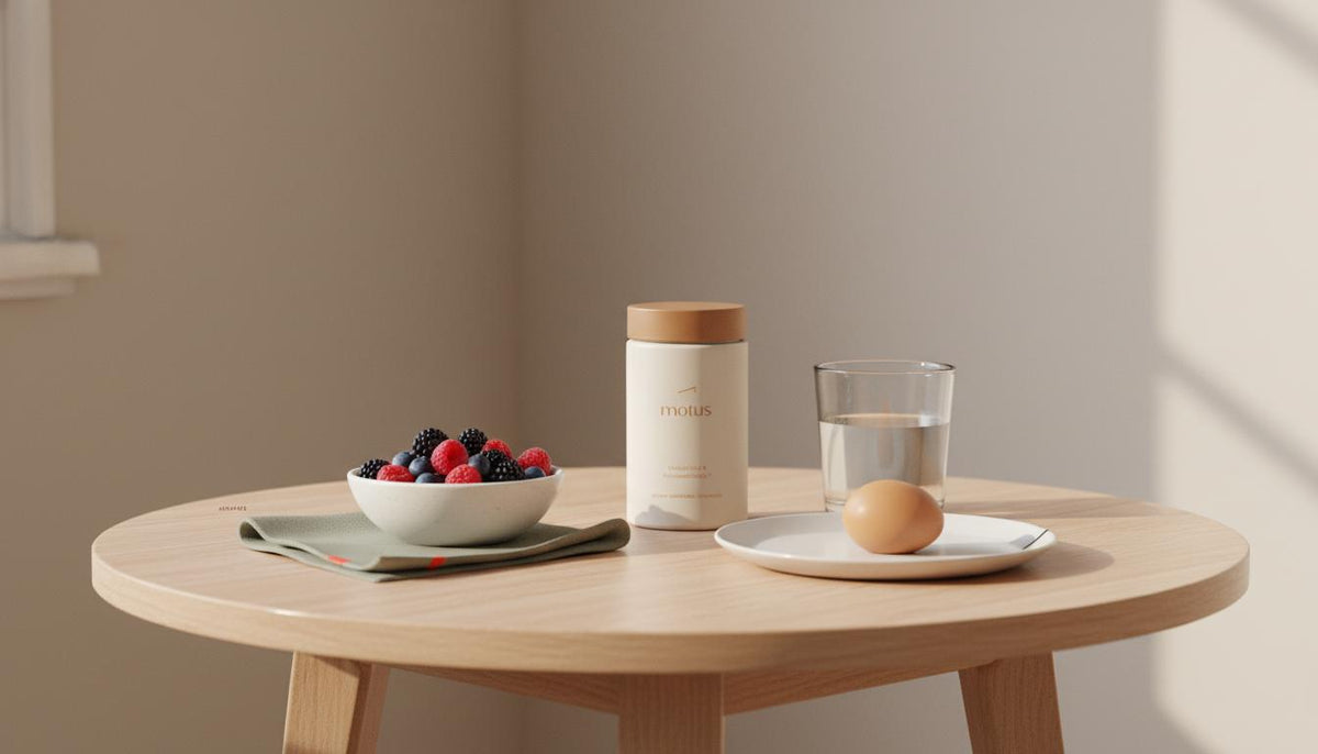Minimalist breakfast scene with Motus supplement jar, bowl of mixed berries, egg and glass of water on beige background — foods that boost metabolism