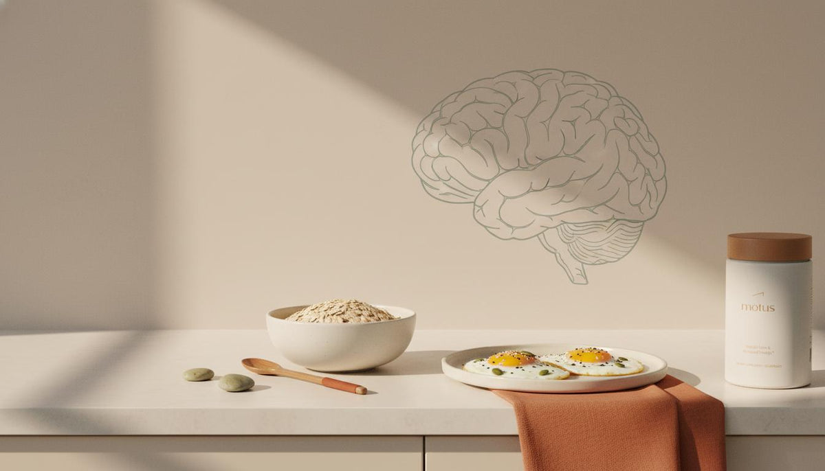 Minimalist kitchen counter with whole grains, eggs and seeds beside a Tonum supplement jar and a subtle brain schematic — foods that boost serotonin