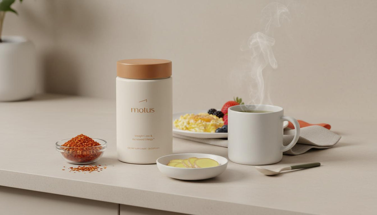 Minimalist kitchen counter with Tonum Motus supplement jar beside green tea, ginger, chili flakes and eggs with berries — visual for foods that burn belly fat