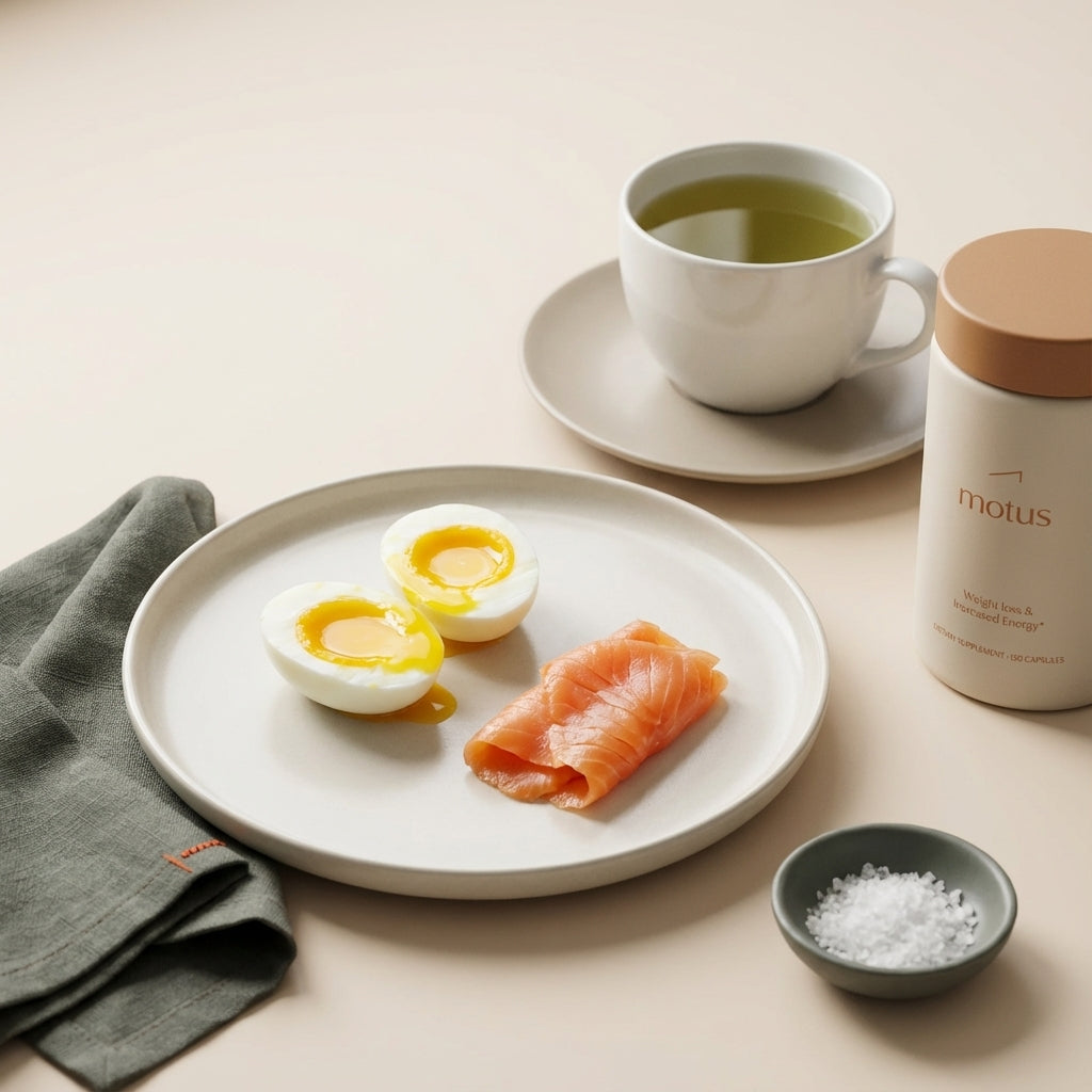 Minimalist breakfast plate with soft‑boiled eggs, smoked salmon, green tea, and Tonum Motus container — foods that speed up metabolism.