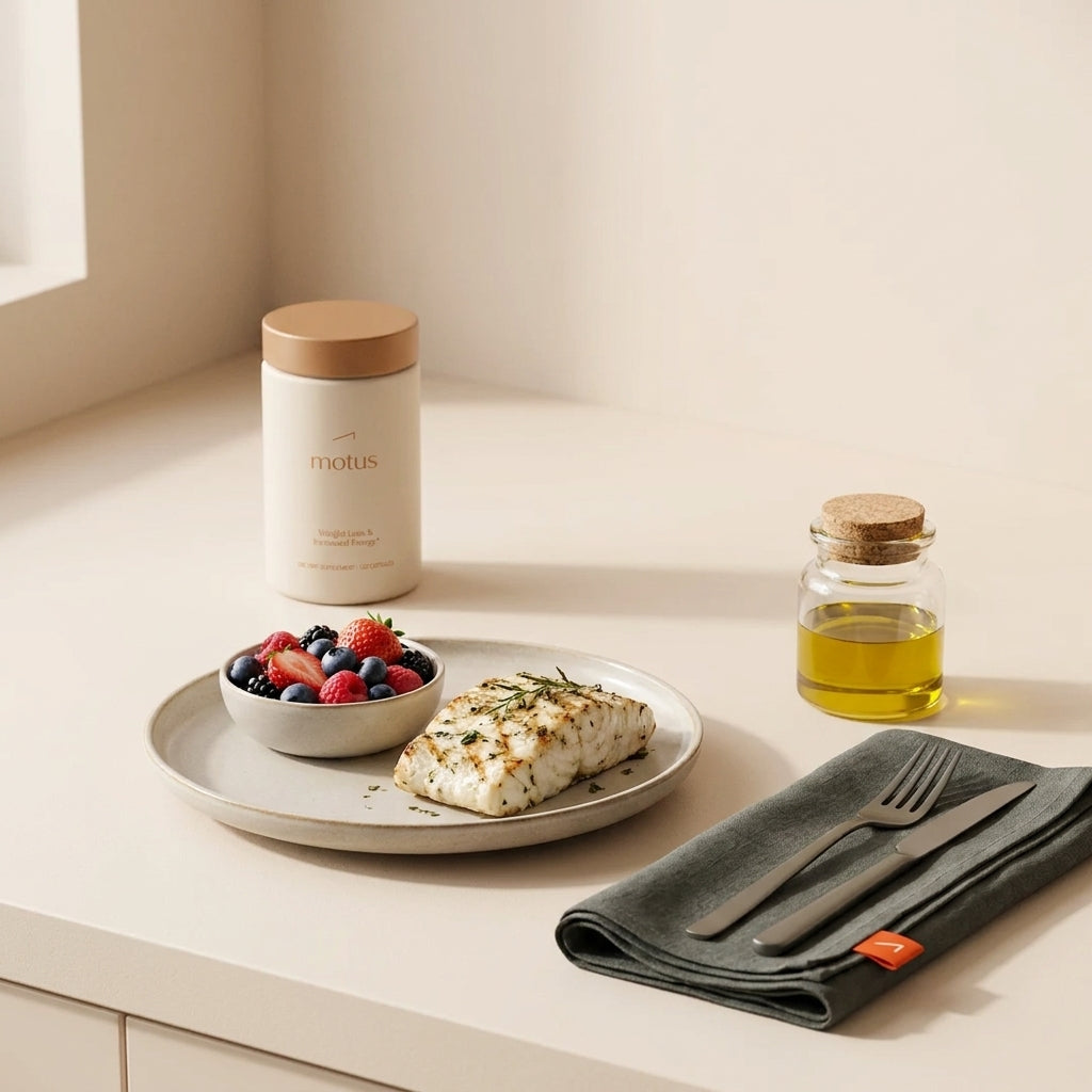 Minimalist kitchen counter with grilled fish, mixed berries, olive oil and Tonum supplement container illustrating foods to boost metabolism after 40