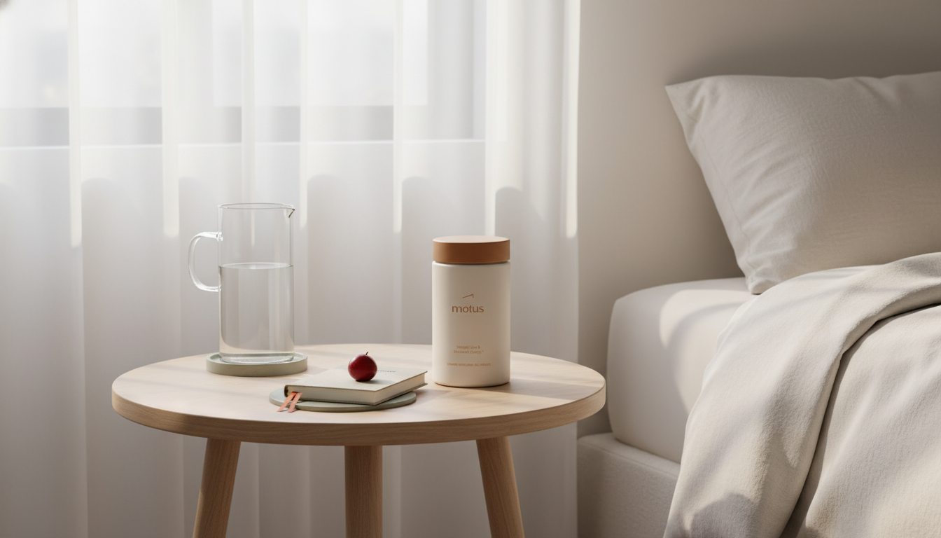 Minimal morning bedroom scene with Tonum supplement jar on a wooden table beside a carafe of water and journal, subtle Tonum colors and icon accent evoking calm daily ritual and four holistic needs