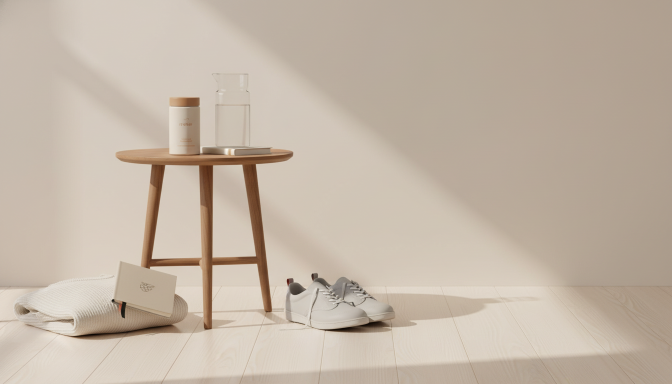 Minimal morning wellness scene with Tonum Motus supplement jar on a wooden table beside water and notebook, evoking four types of wellness in a calm, scientific lifestyle setting.