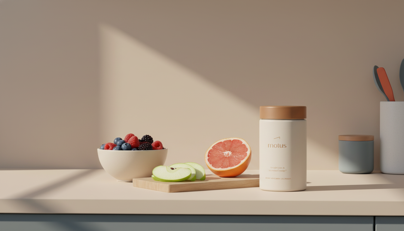 Bowl of mixed berries, sliced apple and halved grapefruit on a clean countertop beside a Tonum Motus supplement jar — fruits for weight loss visual in beige and muted blue-gray tones.