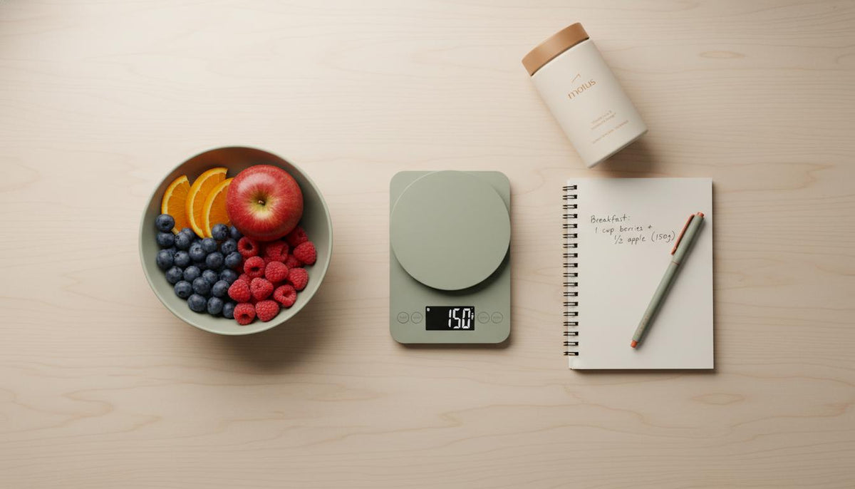 Minimalist flat-lay of wooden kitchen counter with bowl of mixed fruits, kitchen scale weighing a modest portion, open notebook and Motus container illustrating fruits to avoid if insulin resistant