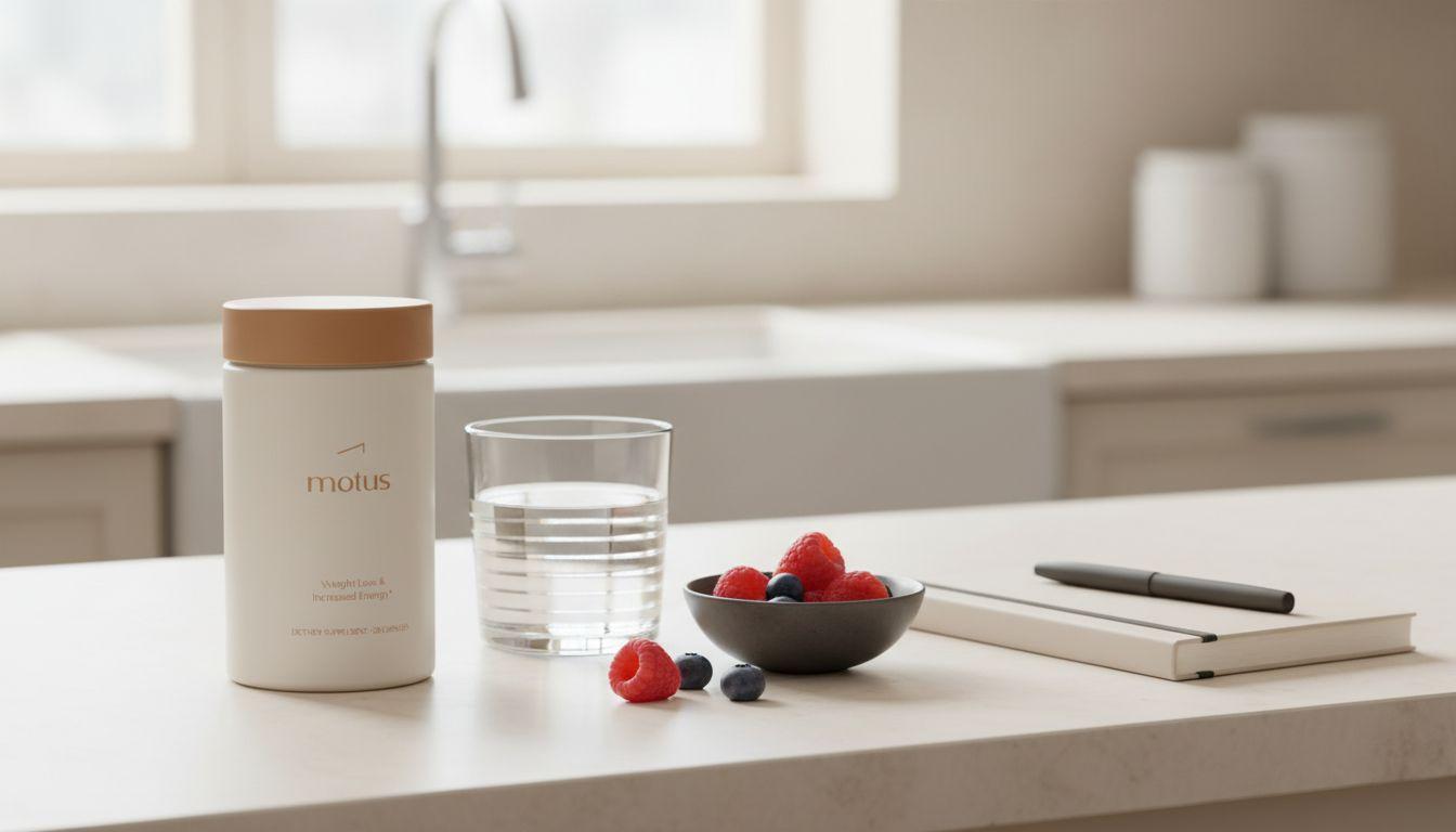 Minimalist kitchen counter with Motus supplement jar, glass of water, small bowl of berries and journal in Tonum style, showcasing garcinia cambogia supplement.
