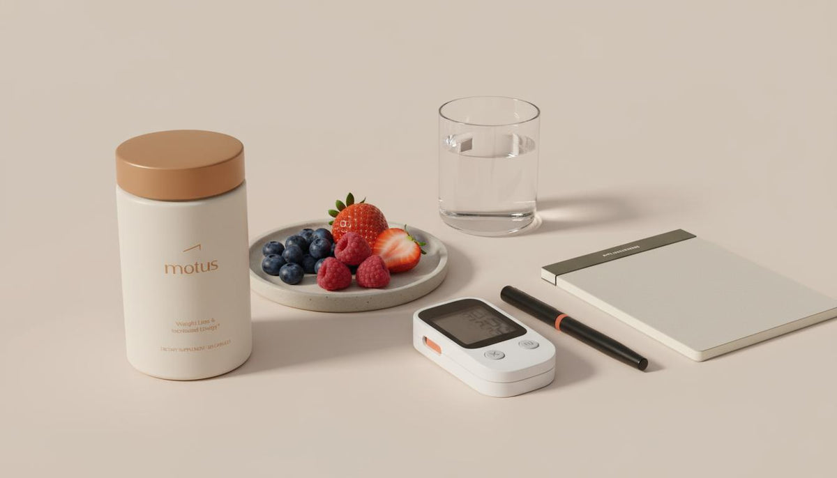 Minimalist tabletop with Tonum Motus container, plate of berries, glucose meter, notebook and water glass conveying calm scientific-meets-lifestyle glucose control.