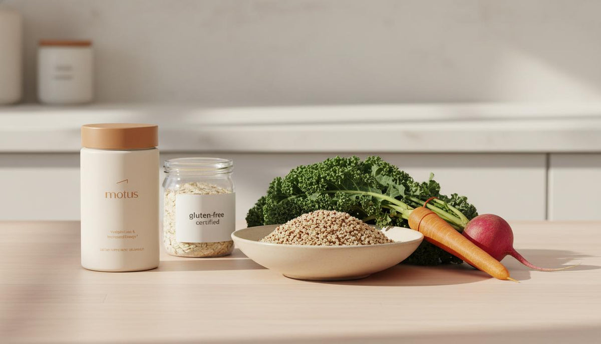 Minimalist kitchen counter with a bowl of quinoa, seasonal vegetables, a jar labeled 'gluten-free certified' and a Tonum Motus supplement jar at the edge, illustrating a balanced gluten-free diet.