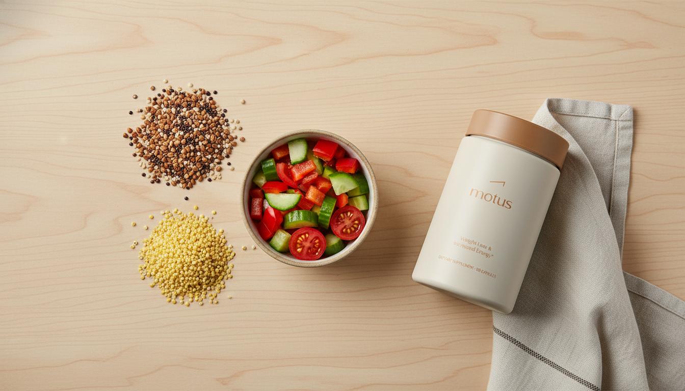 Top-down minimalist still-life of gluten-free whole grains beside a Tonum Motus supplement jar and a small bowl of vegetables on a beige background — gluten-free diet weight loss