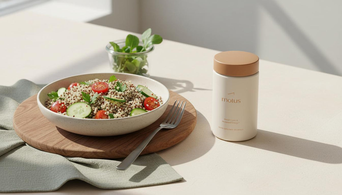 Minimalist still-life of quinoa salad, jar of greens and Tonum Motus supplement, illustrating gluten free weight gain causes and research-backed dietary support.