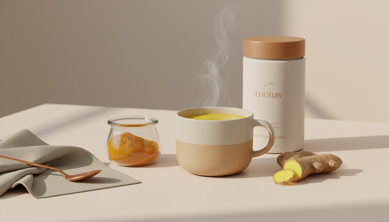 Minimal still life of a warm ceramic cup of golden milk with turmeric jar, fresh ginger and a Tonum supplement container — a golden drink that lowers blood sugar in a calm minimalist setting.