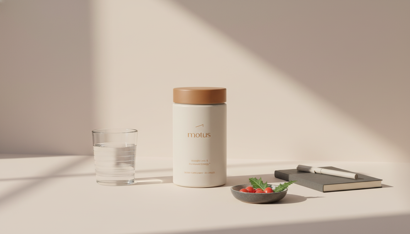 Minimal kitchen scene with Tonum Motus supplement jar beside a glass of water, notebook, bowl of berries and milk thistle leaf for GOLO lifestyle product image.