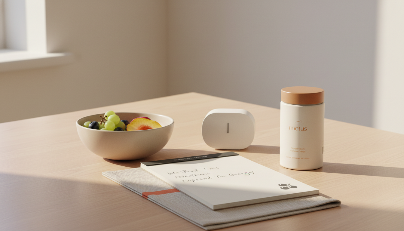 Minimalist kitchen table scene with Tonum supplement container beside a neutral ceramic fruit bowl, analog timer and notepad with berry icon, illustrating GOLO safe for seniors routine.