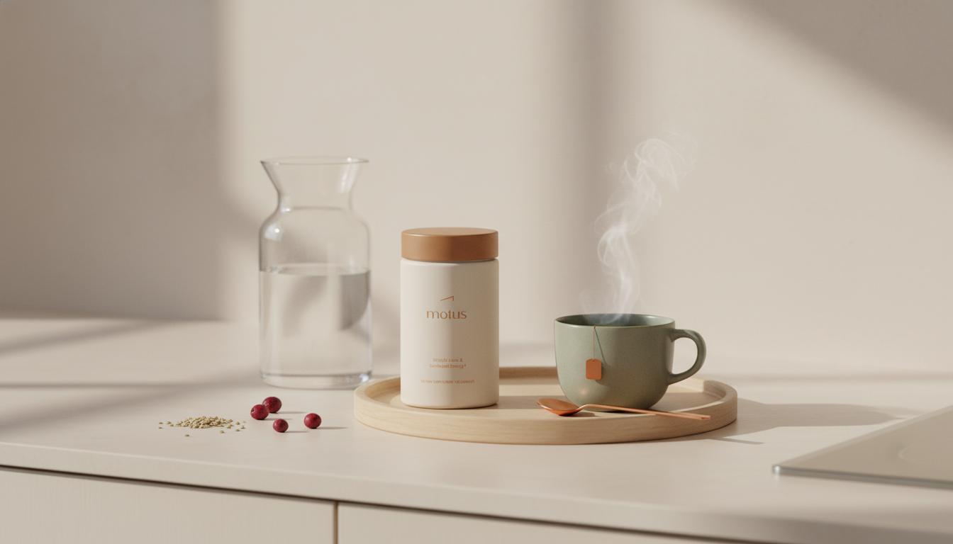 Minimalist kitchen scene with Tonum Motus bottle, steaming green tea cup, carafe, milk thistle seeds and berries, illustrating green tea belly fat lifestyle.