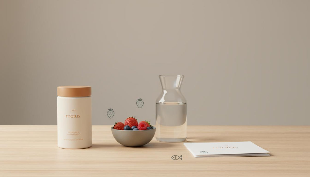 Minimalist wooden tabletop with Tonum Motus supplement jar beside a bowl of berries, carafe of water and folded research brief on soft #F2E5D5 background; gut bacteria weight loss