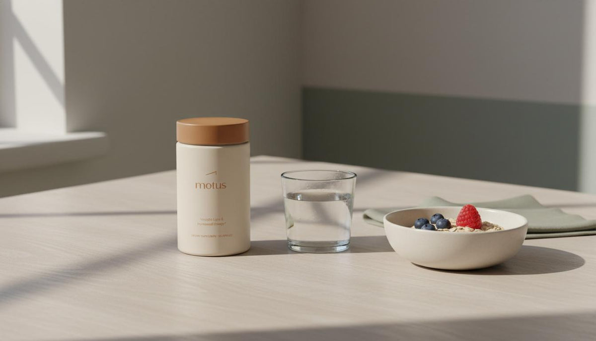 Tonum Motus supplement container on a neutral wooden table with oats, berries and a glass of water, minimalist still life promoting gut supplements for weight loss