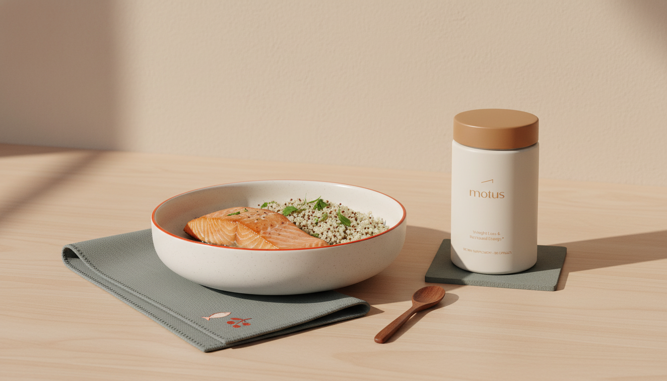 Minimalist salmon and quinoa bowl on a Tonum-branded counter next to a Motus supplement jar — healthiest meal for weight loss, calm natural light, subtle Tonum icons.