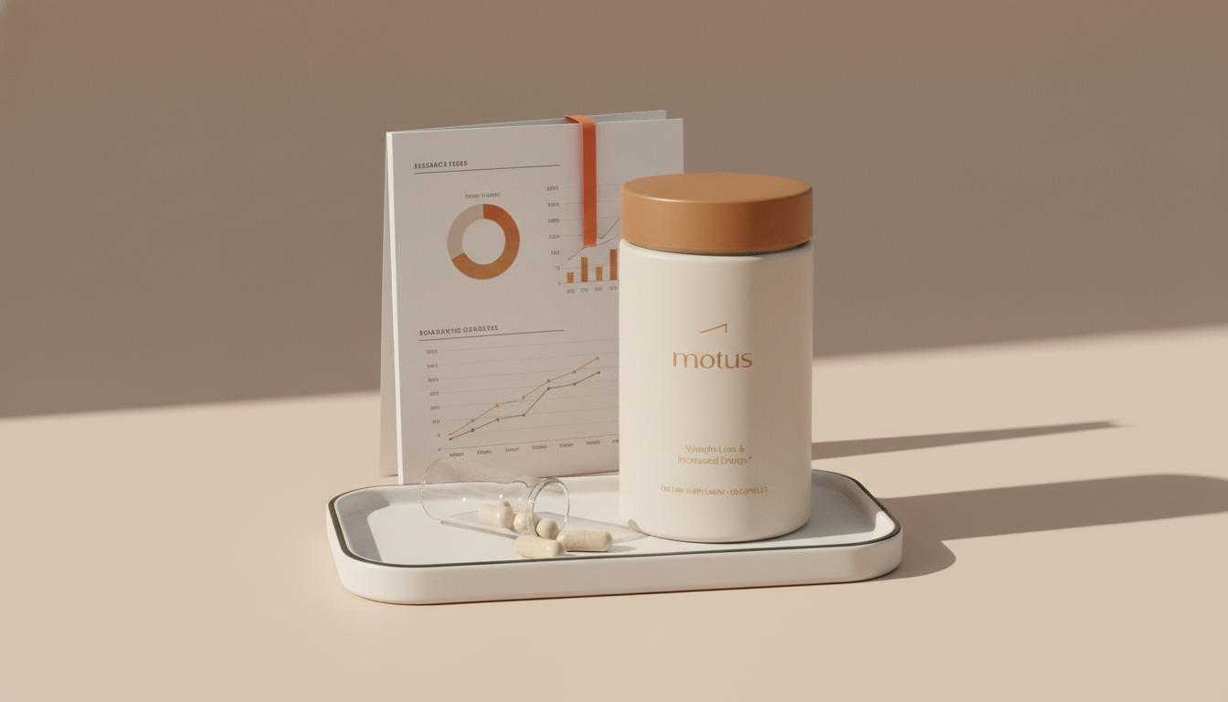 Minimalist still-life of Tonum supplement container, glass vial with probiotic capsules and open research booklet — healthiest probiotic