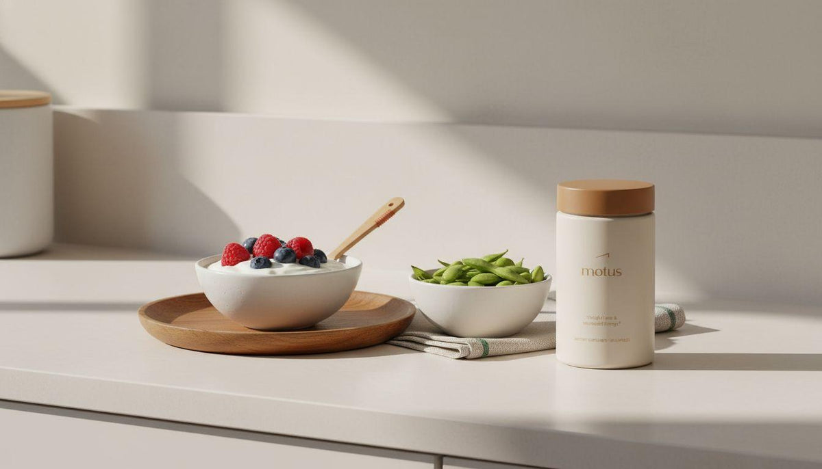 Minimal kitchen scene with Greek yogurt topped with berries, shelled edamame bowl and Tonum Motus jar, illustrating the healthiest snack to make for weight loss