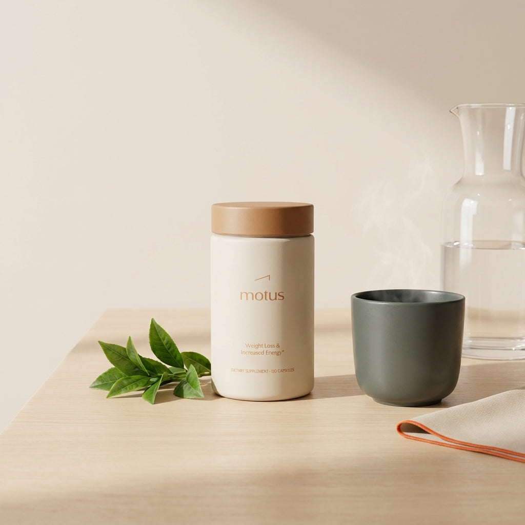 Minimalist product scene with Tonum Motus container beside green tea leaves, steaming cup and clear water carafe on a clean wooden surface — healthy fat burners