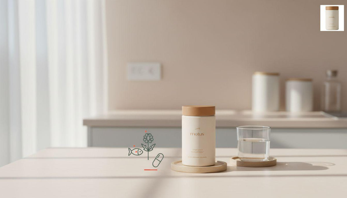Minimal kitchen scene with Tonum supplement jar on a beige counter and stylized fish, milk thistle, and capsule icons, depicting a healthy fat supplement for daily nutrition.
