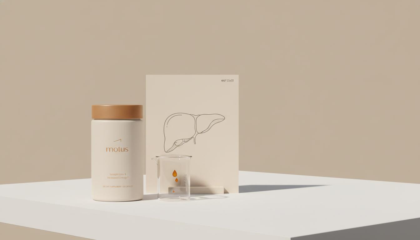 Minimalist lab bench with a Tonum supplement jar, beaker of amber bile-like droplets, and thin-line liver illustration card, emphasizing hepatic lipid metabolism.