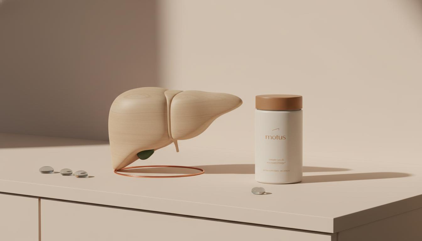 Minimalist still-life of a sculpted liver sculpture and a Tonum Motus container on a clean lab countertop, evoking hepatic lipid metabolism and metabolic health.