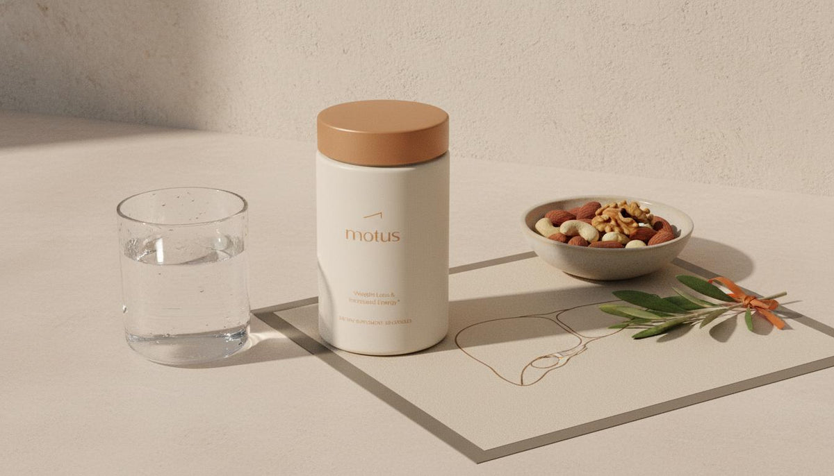 Minimalist still-life of Tonum Motus container beside a liver schematic, bowl of nuts, olive branch and glass of water on beige background illustrating hepatic lipid metabolism.