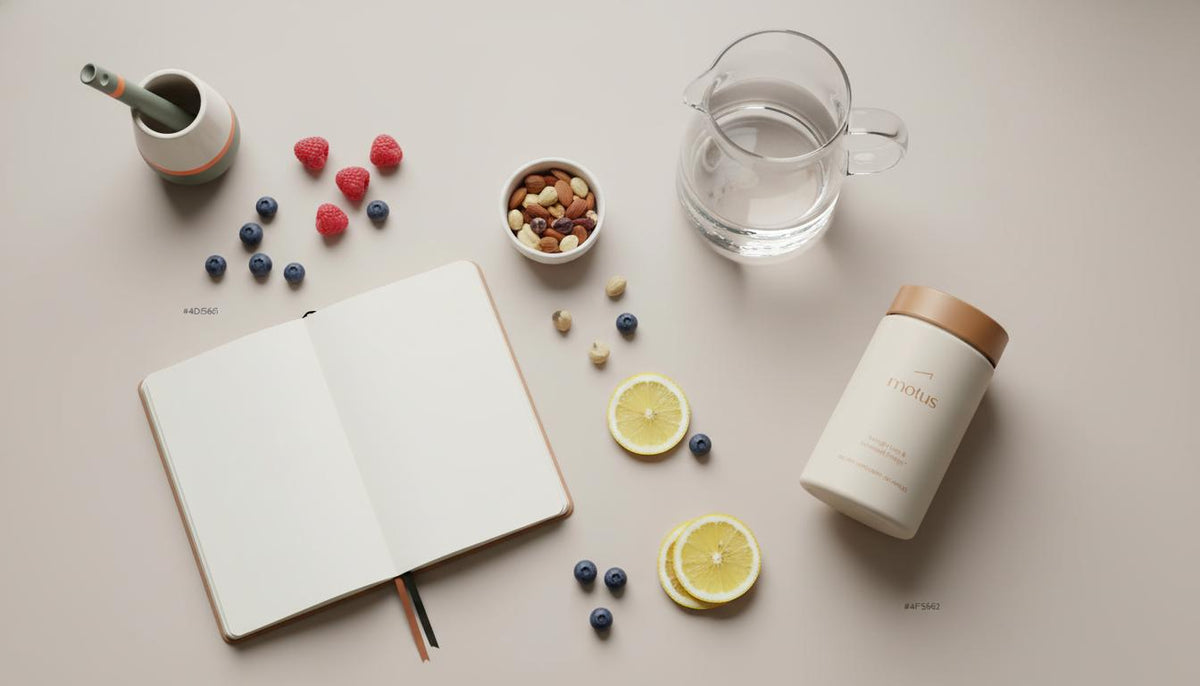 Overhead minimalist kitchen scene with Tonum Motus supplement jar, lemon, berries and nuts illustrating gentle habits supporting hepatic metabolism.