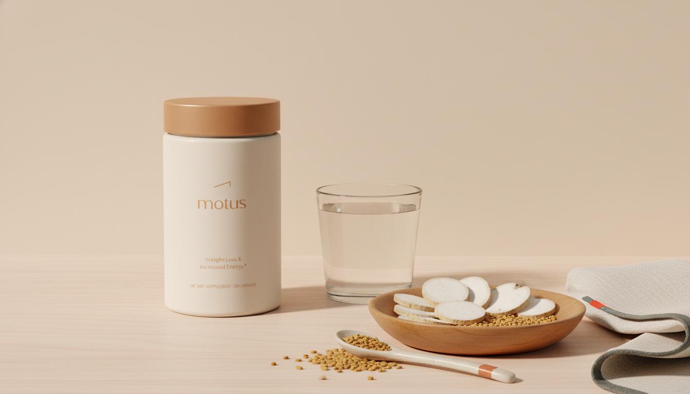 Minimalist still life of Tonum Motus container with a glass of water and a wooden bowl of konjac slices and fenugreek seeds on a flat table, herbal appetite suppressants