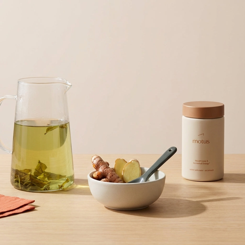 Minimalist still-life of green tea carafe, bowl of turmeric and sliced ginger, and a Tonum Motus supplement container on a neutral wooden table — herbs for belly fat